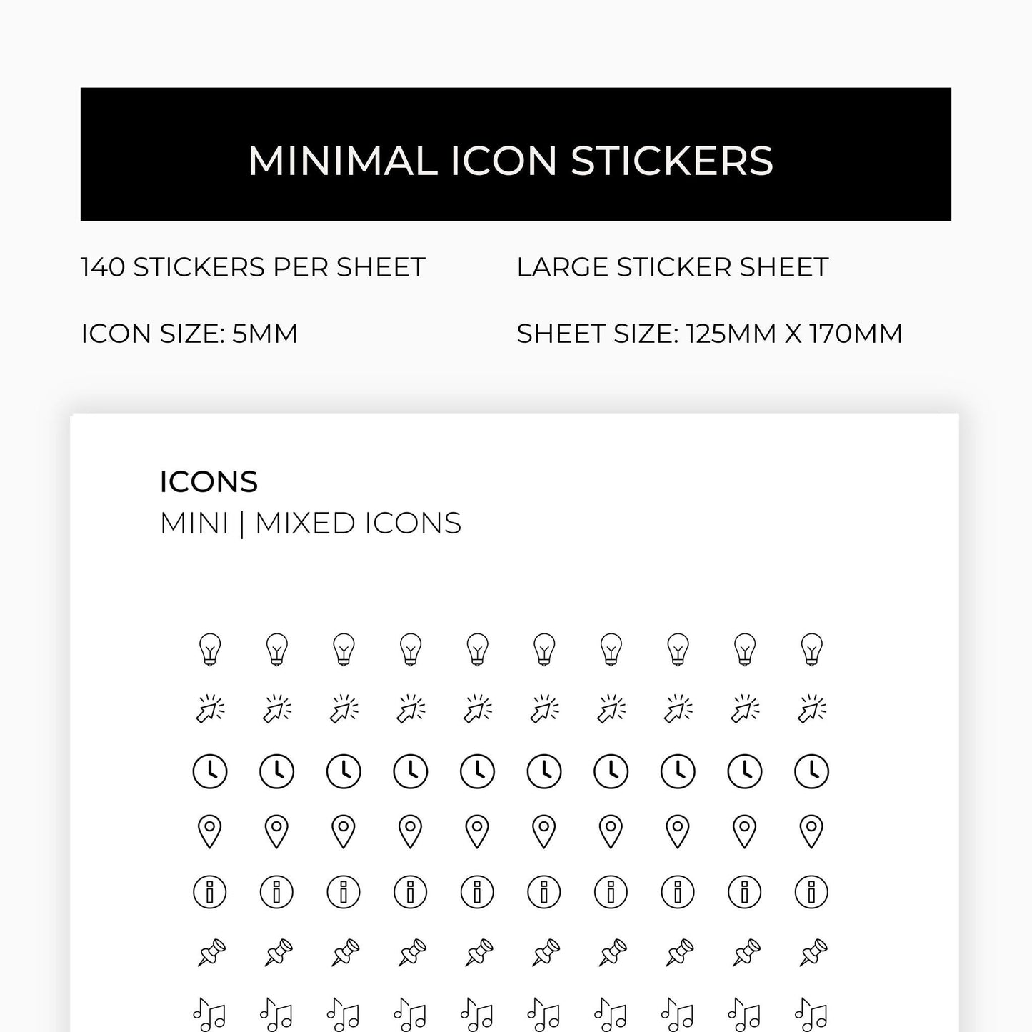 Mixed Planner Icons | Icon Stickers | Mini Icon Stickers | Transparent | Matte | Glossy | Large Size Sheet