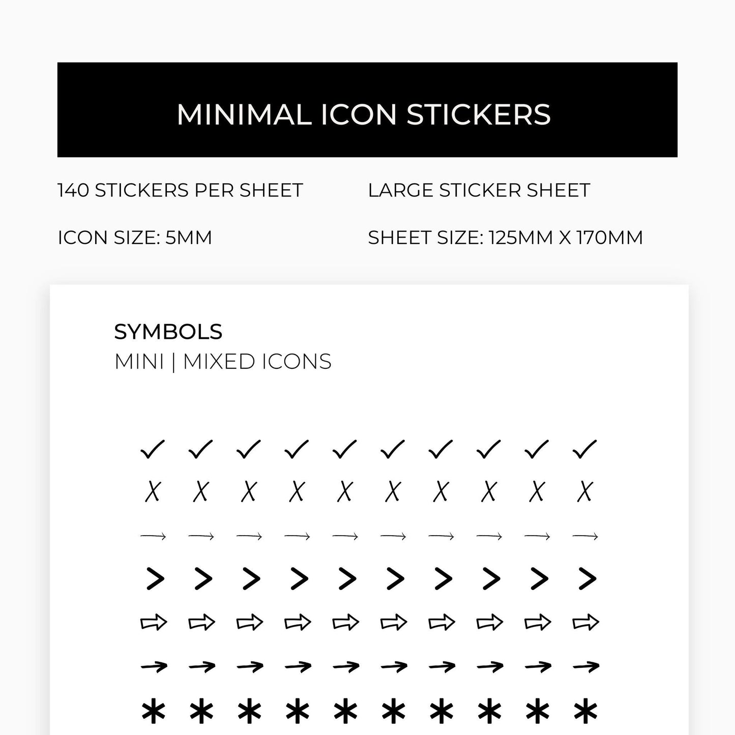 Mixed Symbol Icons | Symbol Stickers | Mini Icon Stickers | Transparent | Matte | Glossy | Large Size Sheet