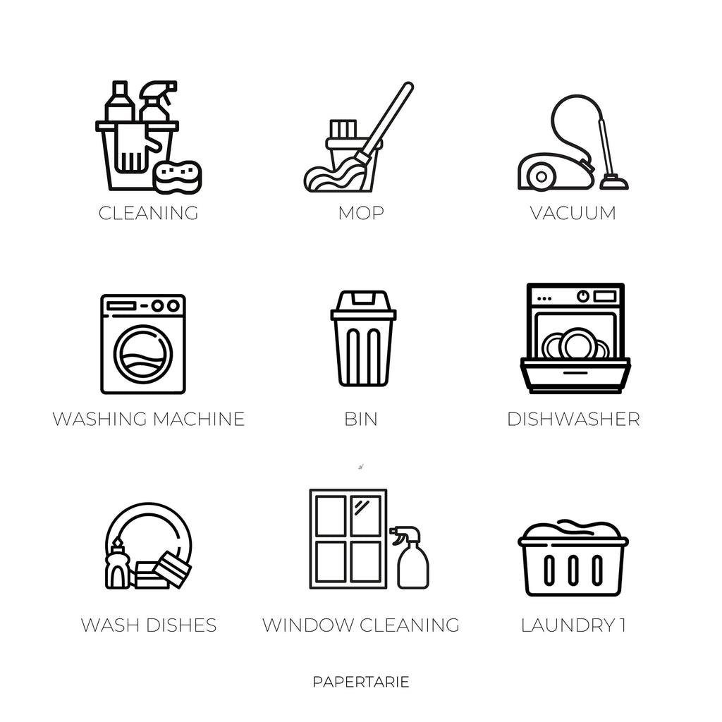Cleaning Icon Stickers | Mini Icon Stickers | 17 Options | Chores | Transparent Matte | Minimal | Planner Stickers