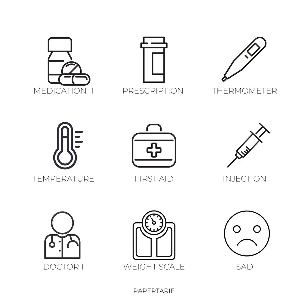 Mini Health Icon Stickers | Mini Icons | 33 Options | Transparent | Matte | Glossy | Minimal | Two Sizes | Planner Stickers | Hobonichi