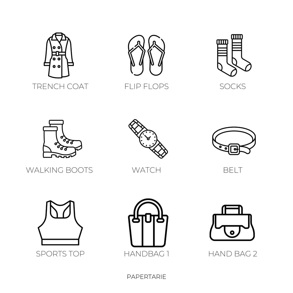 Apparel Icon Stickers | 9 Options | Clothing, Shoes, Belt, Watch | Mini Icon Stickers | Transparent Matte | Minimal