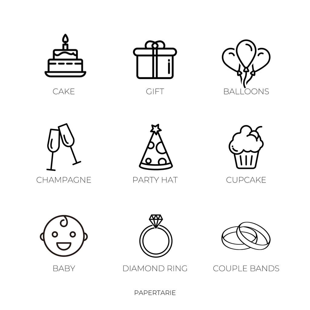 Celebration Icon Stickers | Mini Icon Stickers | 9 Options | Transparent Matte | Minimal | Credit Card Size | Planner Stickers