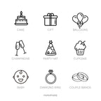 Celebration Icon Stickers | Mini Icon Stickers | 9 Options | Transparent Matte | Minimal | Credit Card Size | Planner Stickers