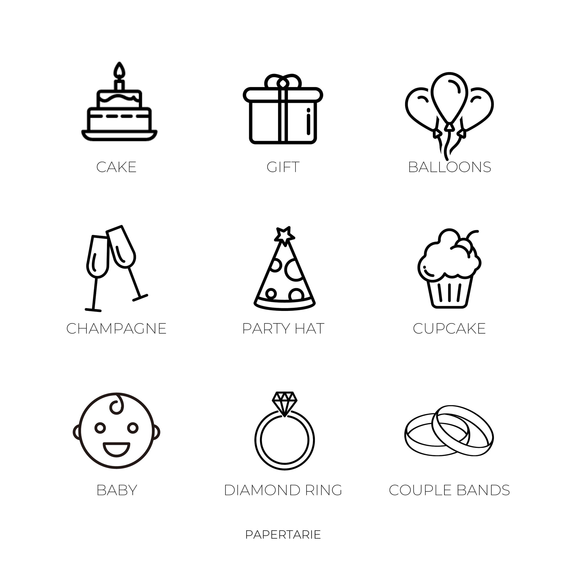 Celebration Icon Stickers | Mini Icon Stickers | 9 Options | Transparent Matte | Minimal | Credit Card Size | Planner Stickers