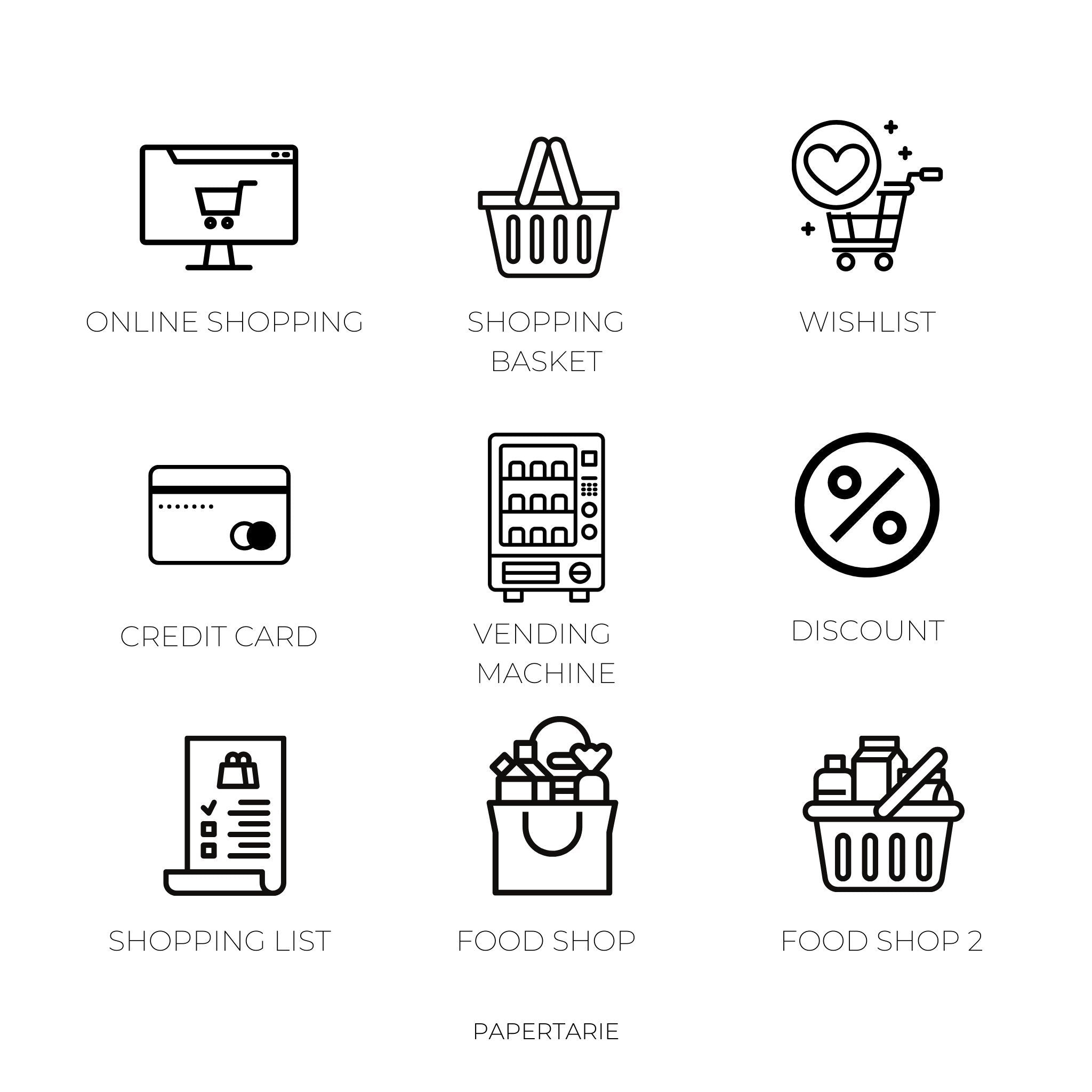 Shopping Icon Stickers | Mini Icon Stickers | 18 Options | Transparent Matte | Minimal | Credit Card Size | Planner Stickers