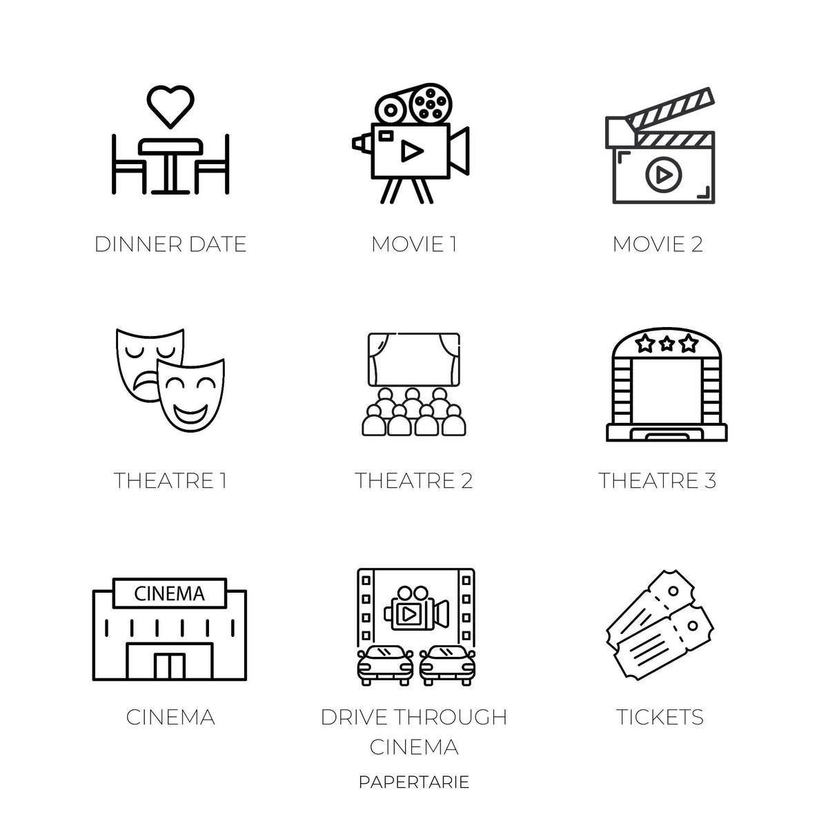 Entertainment Icon Stickers | 18 Options | Cinema, Movies, Theatre, Popcorn | Mini Icon Stickers | Transparent Matte | Minimal