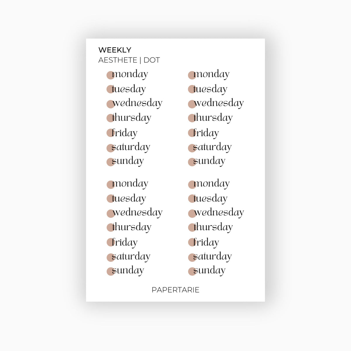 Matte Dot Weekly Stickers | Custom | Typographic | Four Fonts | Transparent | Matte | Standard Size | Options