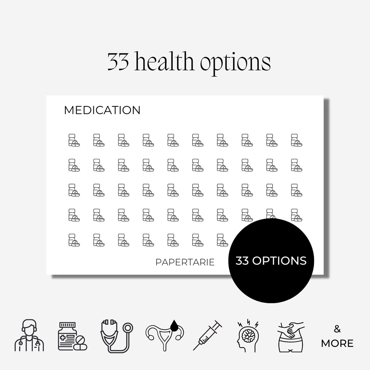 Mini Health Icon Stickers | Mini Icons | 33 Options | Transparent | Matte | Glossy | Minimal | Two Sizes | Planner Stickers | Hobonichi