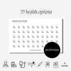 Health Icon Stickers | Mini Icon Stickers | 33 Options | Transparent Matte | Minimal | Credit Card Size | Planner Stickers