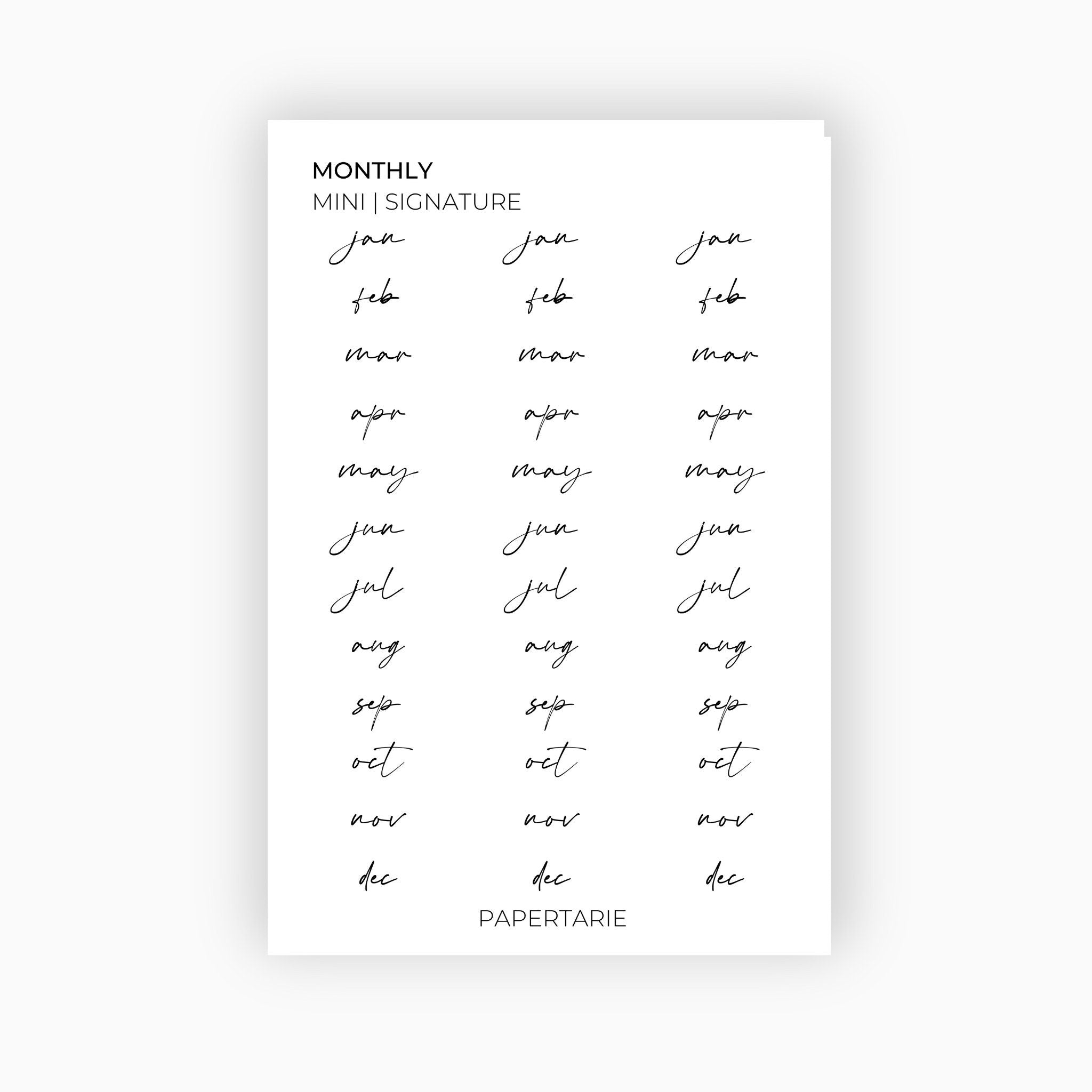 Mini Short Monthly Text Stickers | Custom | Transparent | Matte | Glossy | Standard Size | Monthlies