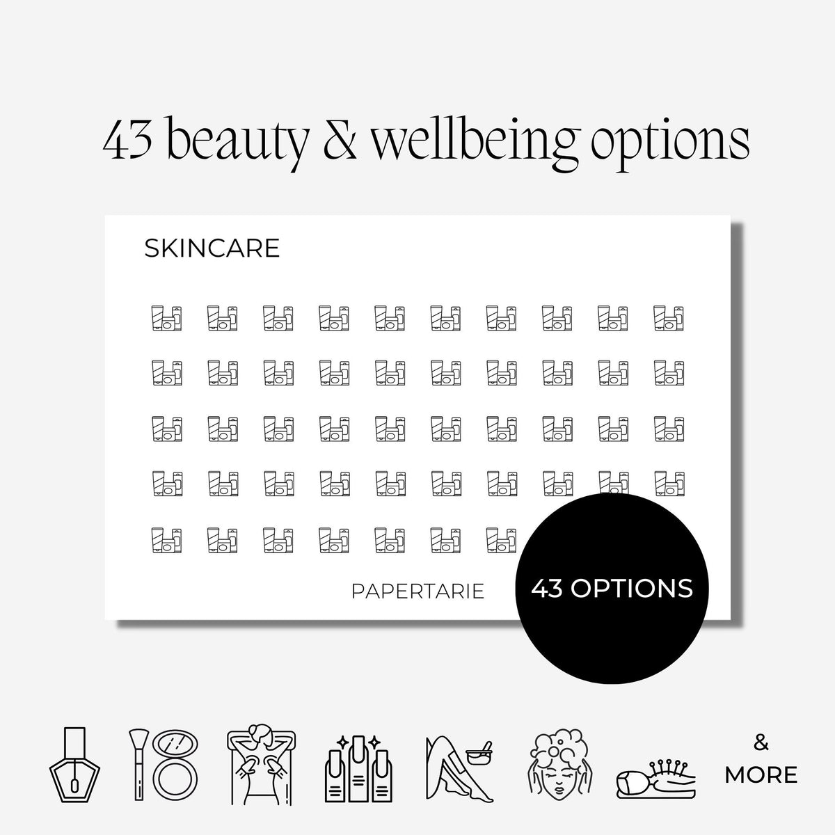 Beauty & Wellbeing Icon Stickers | Skincare, Self Care, Spa Mini Icon Stickers | 43 Options | Transparent Matte | Minimal | Planner Stickers