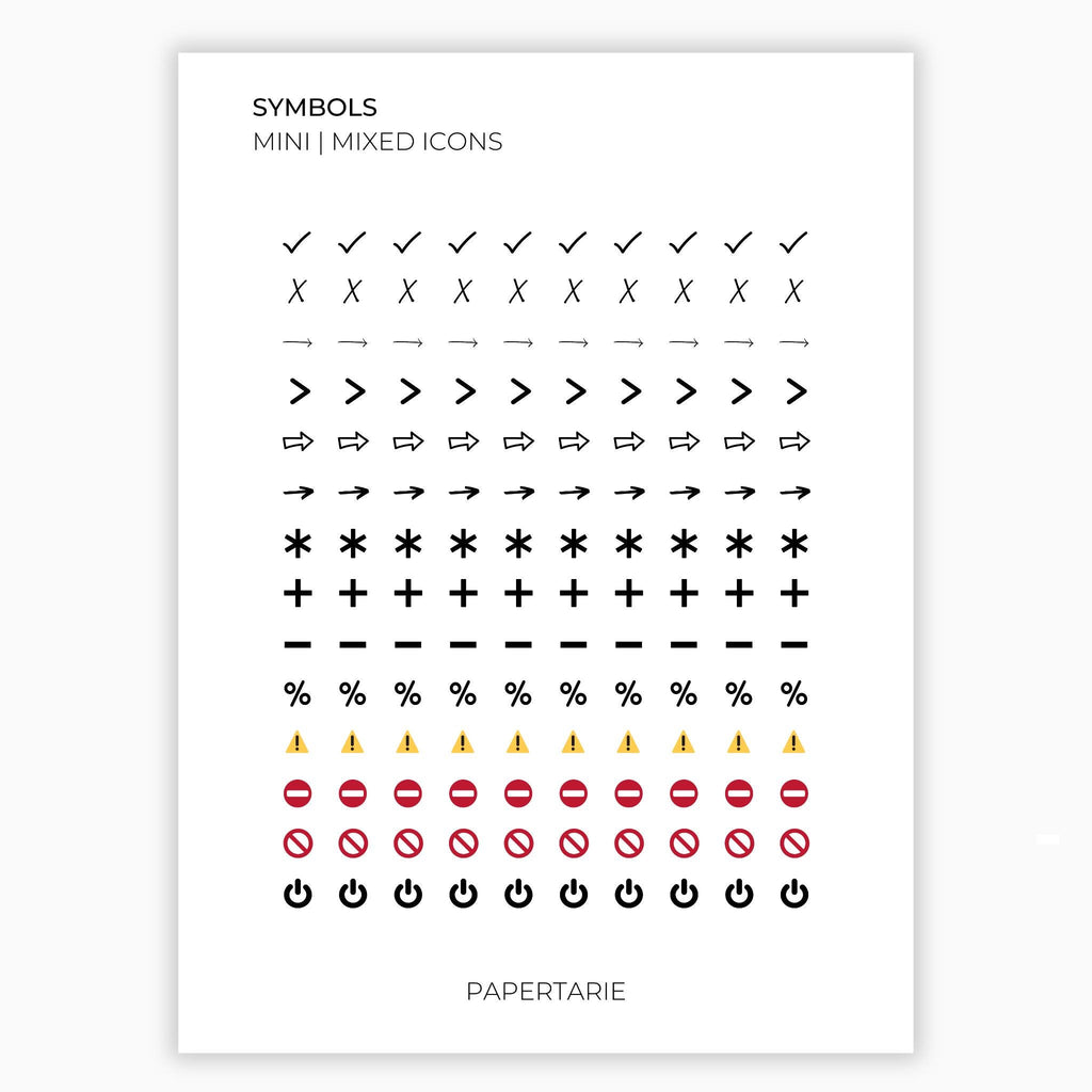 Mixed Symbol Icons | Symbol Stickers | Mini Icon Stickers | Transparent | Matte | Glossy | Large Size Sheet