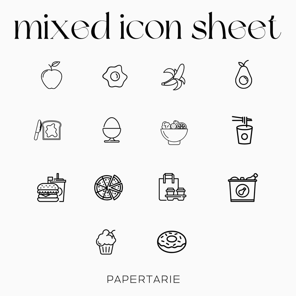 Mixed Food Icons | Food Stickers | Mini Icon Stickers | Transparent | Matte | Glossyy | Large Size Sheet