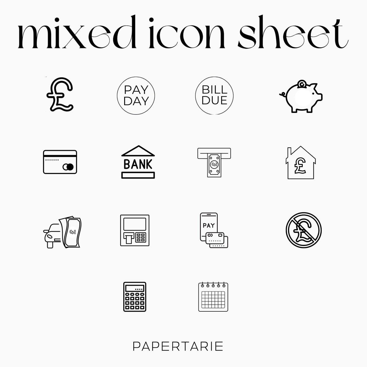 Mixed Finance Icons | Finance Stickers | Mini Icon Stickers | Transparent | Matte | Glossy | Large Size Sheet