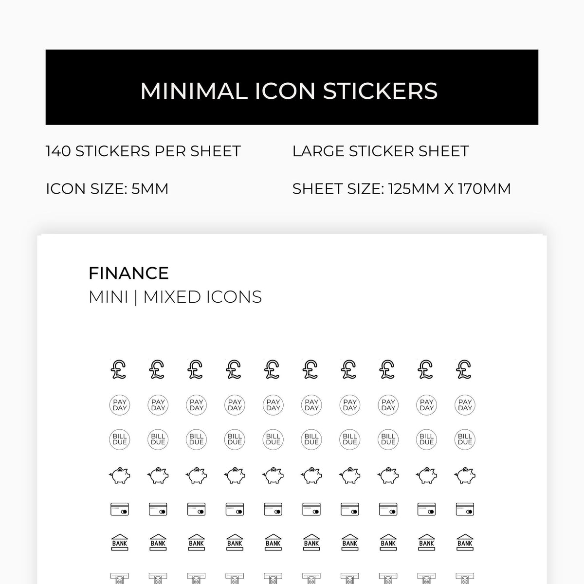 Mixed Finance Icons | Finance Stickers | Mini Icon Stickers | Transparent | Matte | Glossy | Large Size Sheet