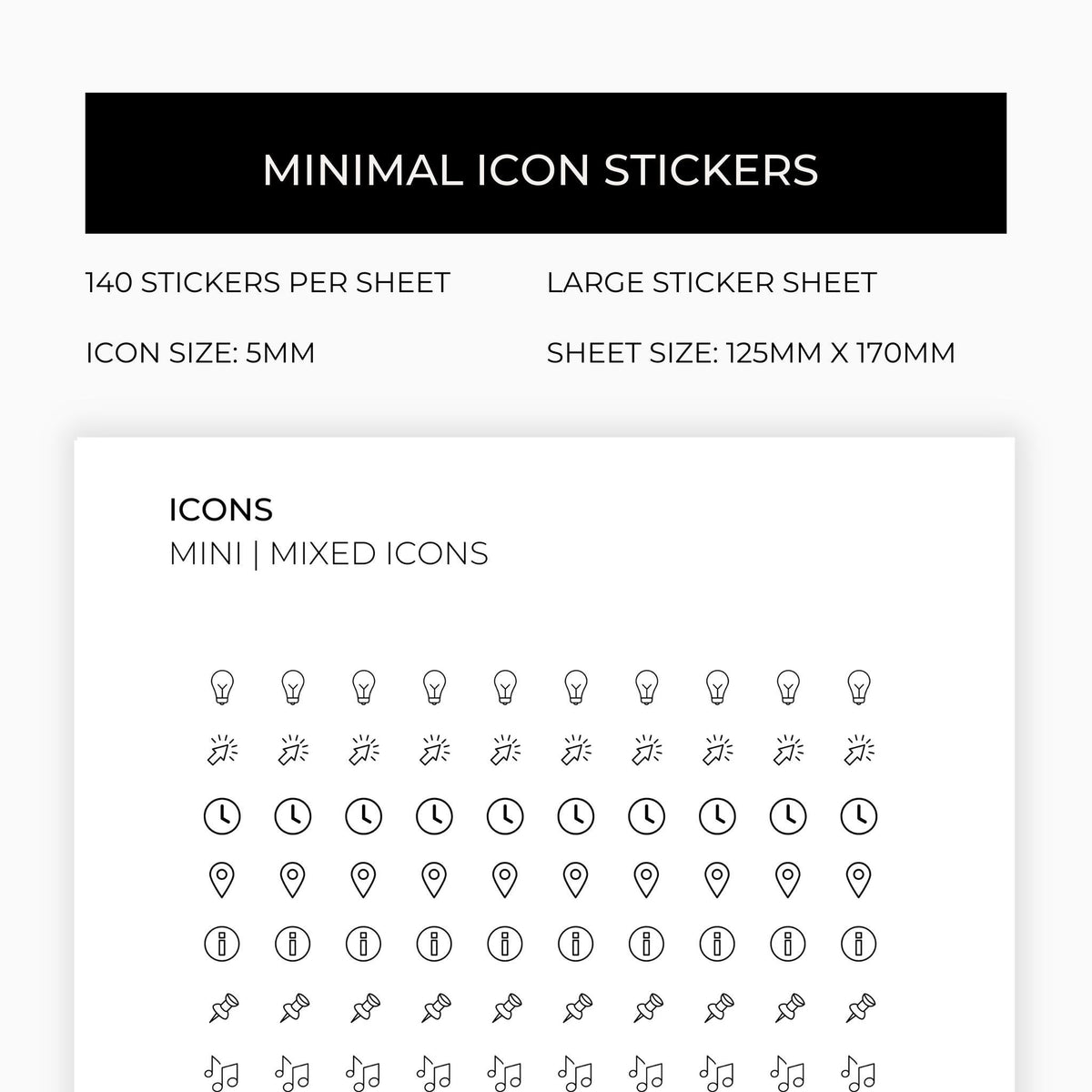 Mixed Planner Icons | Icon Stickers | Mini Icon Stickers | Transparent | Matte | Glossy | Large Size Sheet