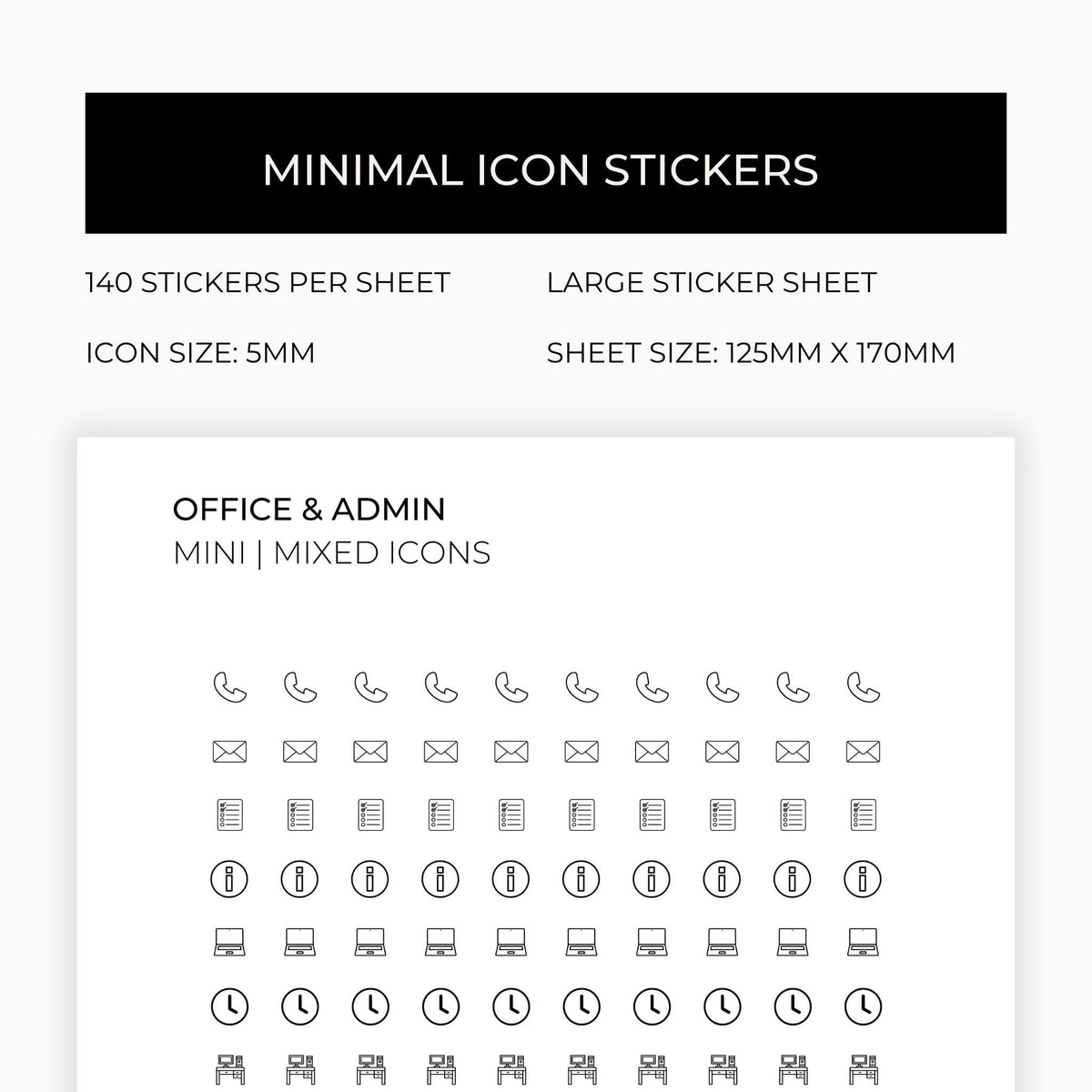 Mixed Office and Admin Icons | Admin Stickers | Mini Icon Stickers | Transparent | Matte | Glossy | Large Size Sheet