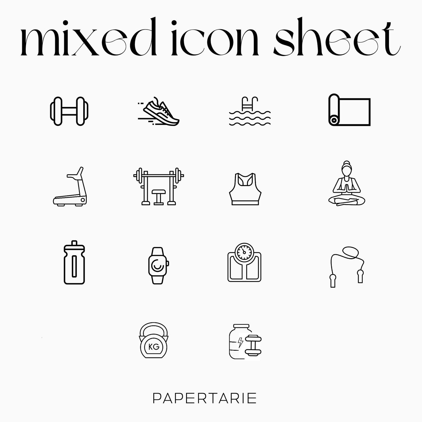 Mixed Fitness Icons | Fitness Stickers | Mini Icon Stickers | Transparent | Matte | Glossy | Large Size Sheet