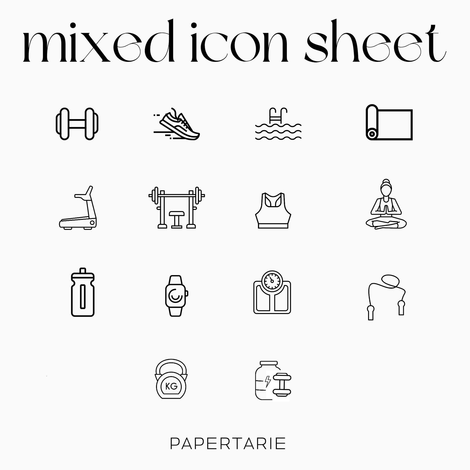 Mixed Fitness Icons | Fitness Stickers | Mini Icon Stickers | Transparent | Matte | Glossy | Large Size Sheet