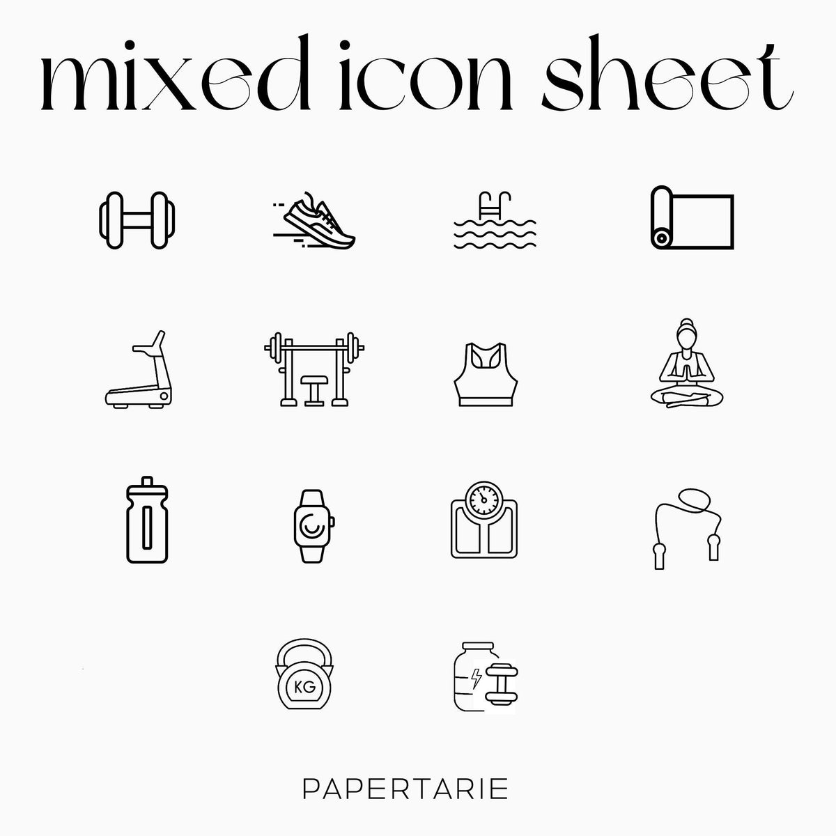 Mixed Fitness Icons | Fitness Stickers | Mini Icon Stickers | Transparent | Matte | Glossy | Large Size Sheet
