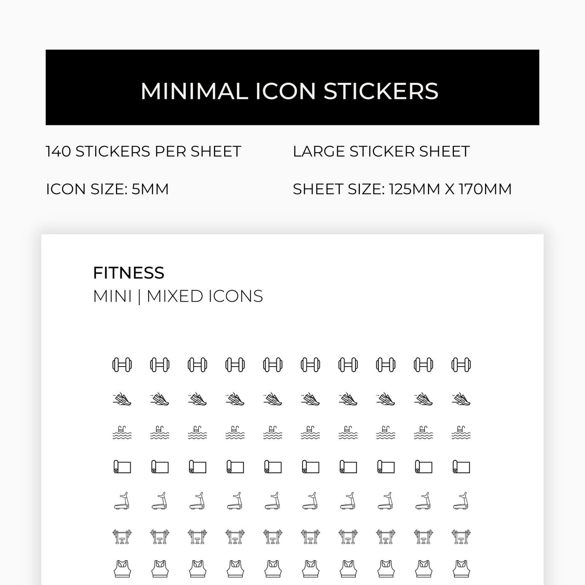 Mixed Fitness Icons | Fitness Stickers | Mini Icon Stickers | Transparent | Matte | Glossy | Large Size Sheet