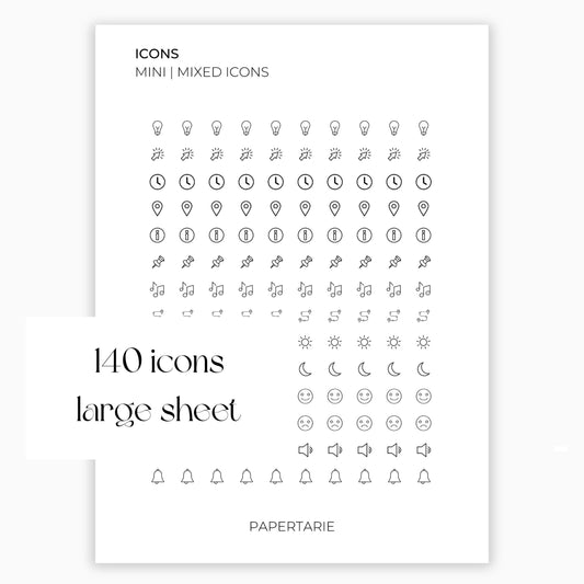 Mixed Planner Icons | Icon Stickers | Mini Icon Stickers | Transparent | Matte | Glossy | Large Size Sheet