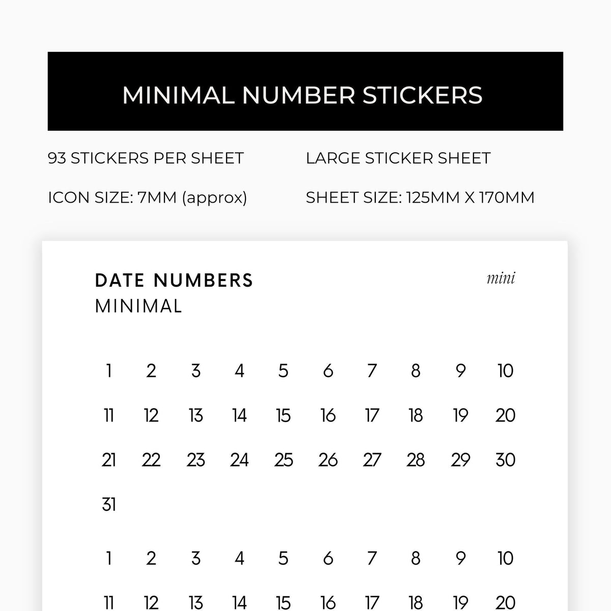 Mini Date Number Stickers | 3 Months | Transparent | Minimal | Stickers | Numbers| Large Sheet | Matte | Glossy | Hobonichi