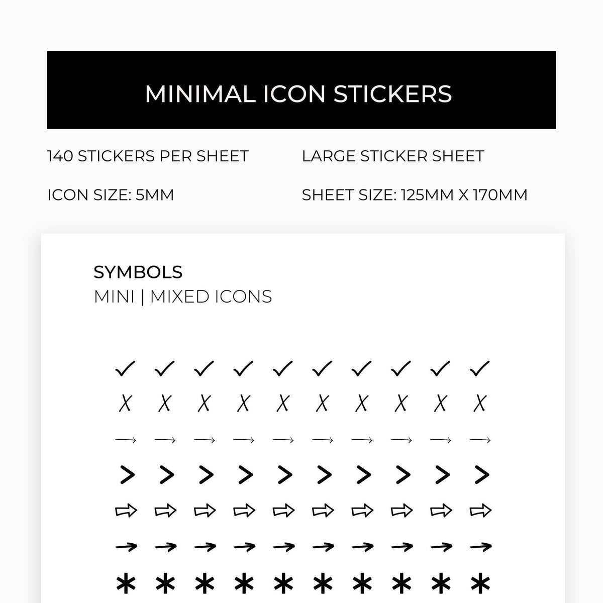 Mixed Symbol Icons | Symbol Stickers | Mini Icon Stickers | Transparent | Matte | Glossy | Large Size Sheet