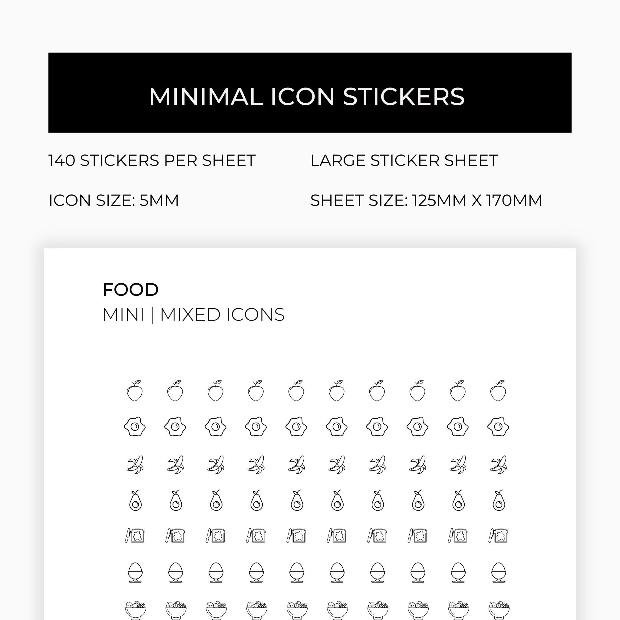 Mixed Food Icons | Food Stickers | Mini Icon Stickers | Transparent | Matte | Glossyy | Large Size Sheet