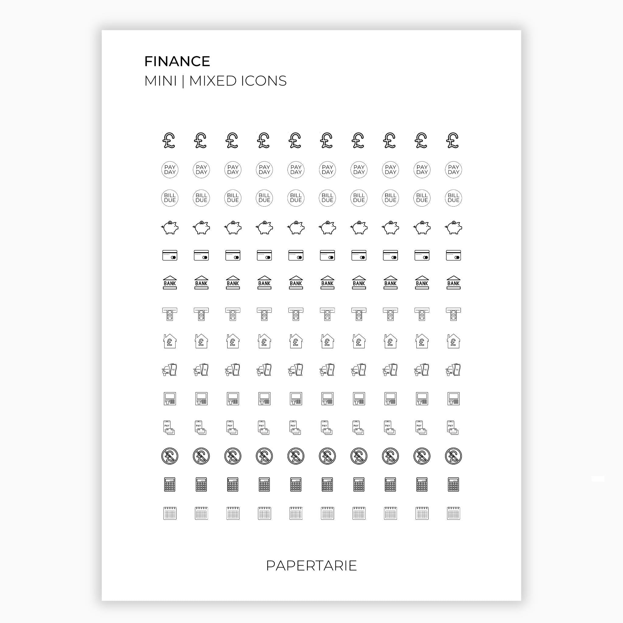 Mixed Finance Icons | Finance Stickers | Mini Icon Stickers | Transparent | Matte | Glossy | Large Size Sheet