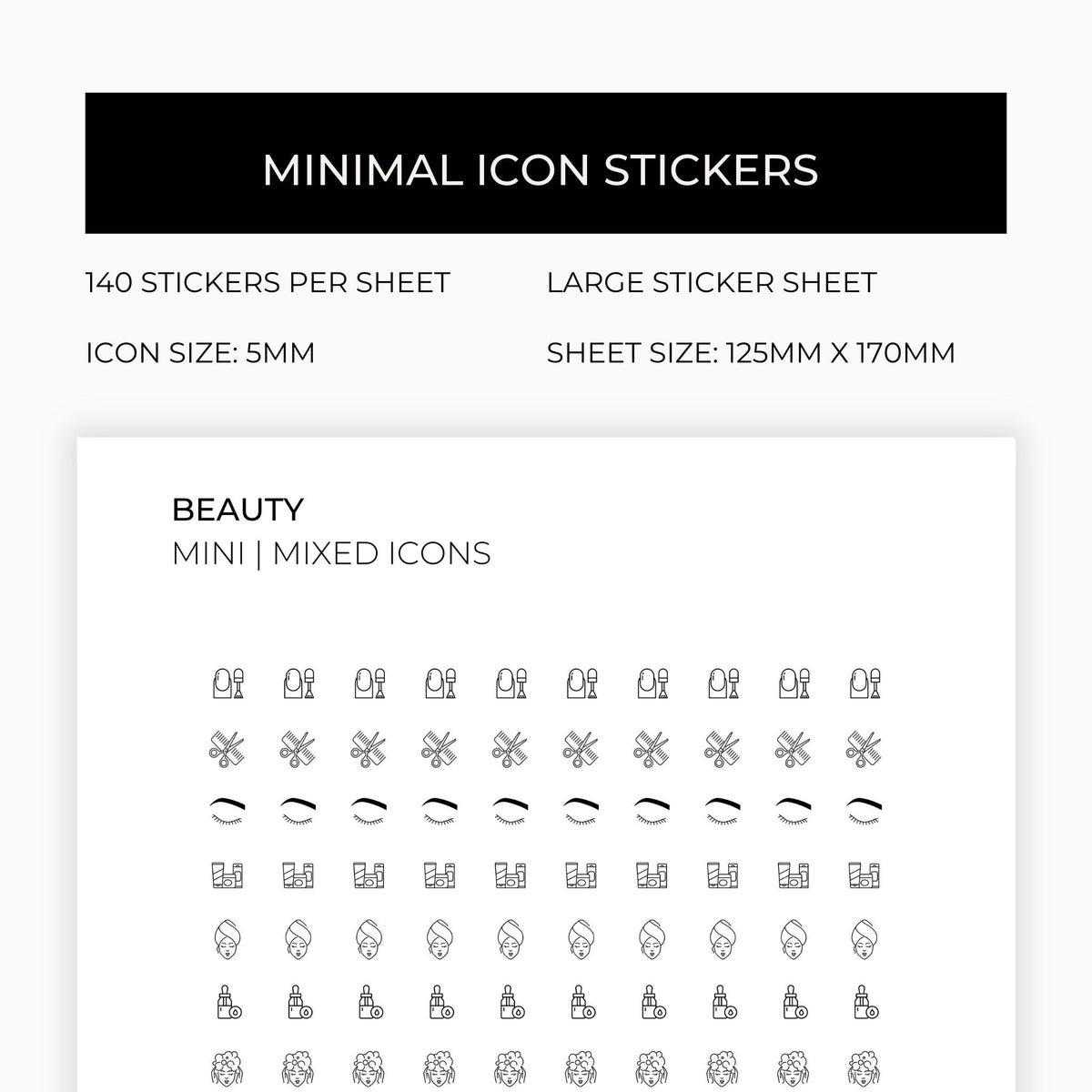 Mixed Beauty and Wellbeing Icons | Beauty Stickers | Mini Icon Stickers | Transparent | Matte | Glossy | Large Size Sheet