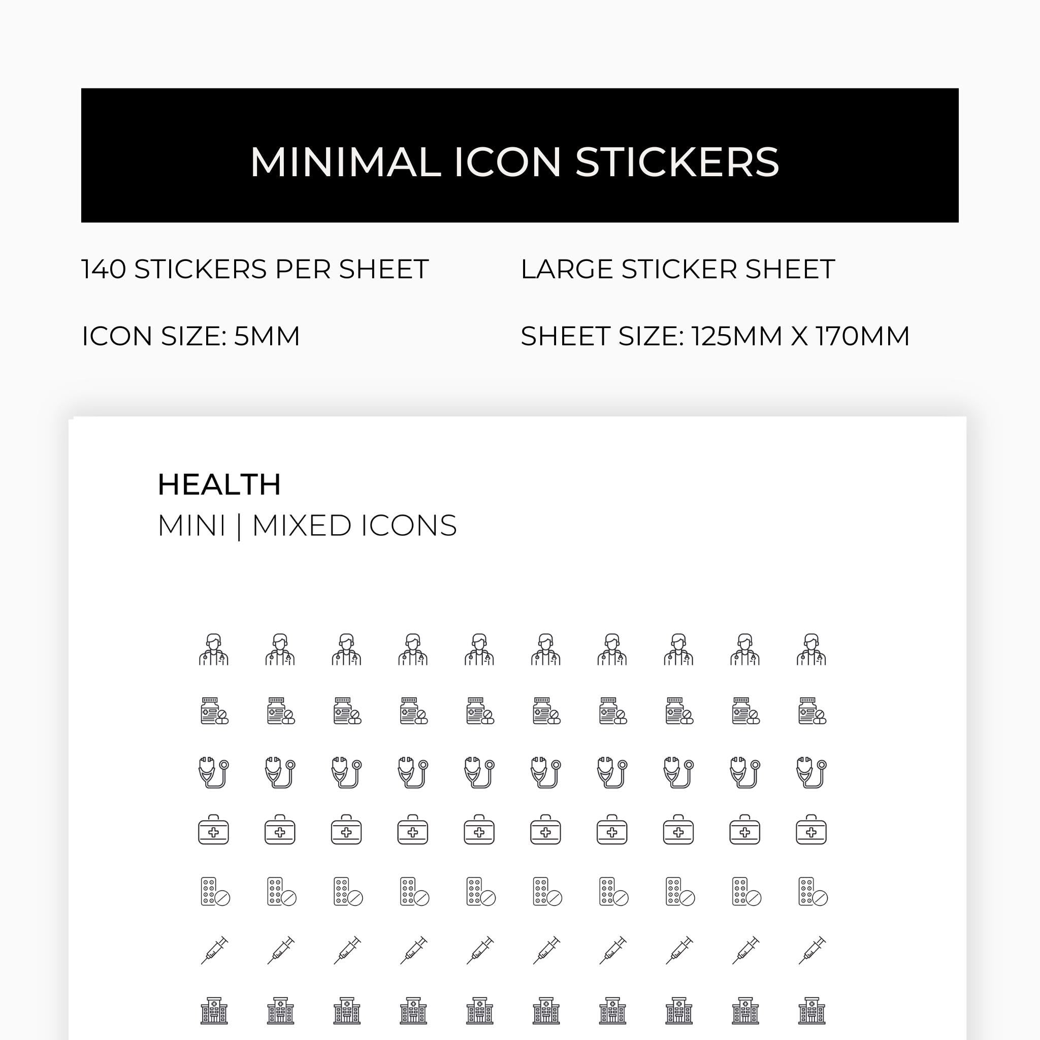 Mixed Health Icons | Health Stickers | Mini Icon Stickers | Transparent | Matte | Glossy | Large Size Sheet