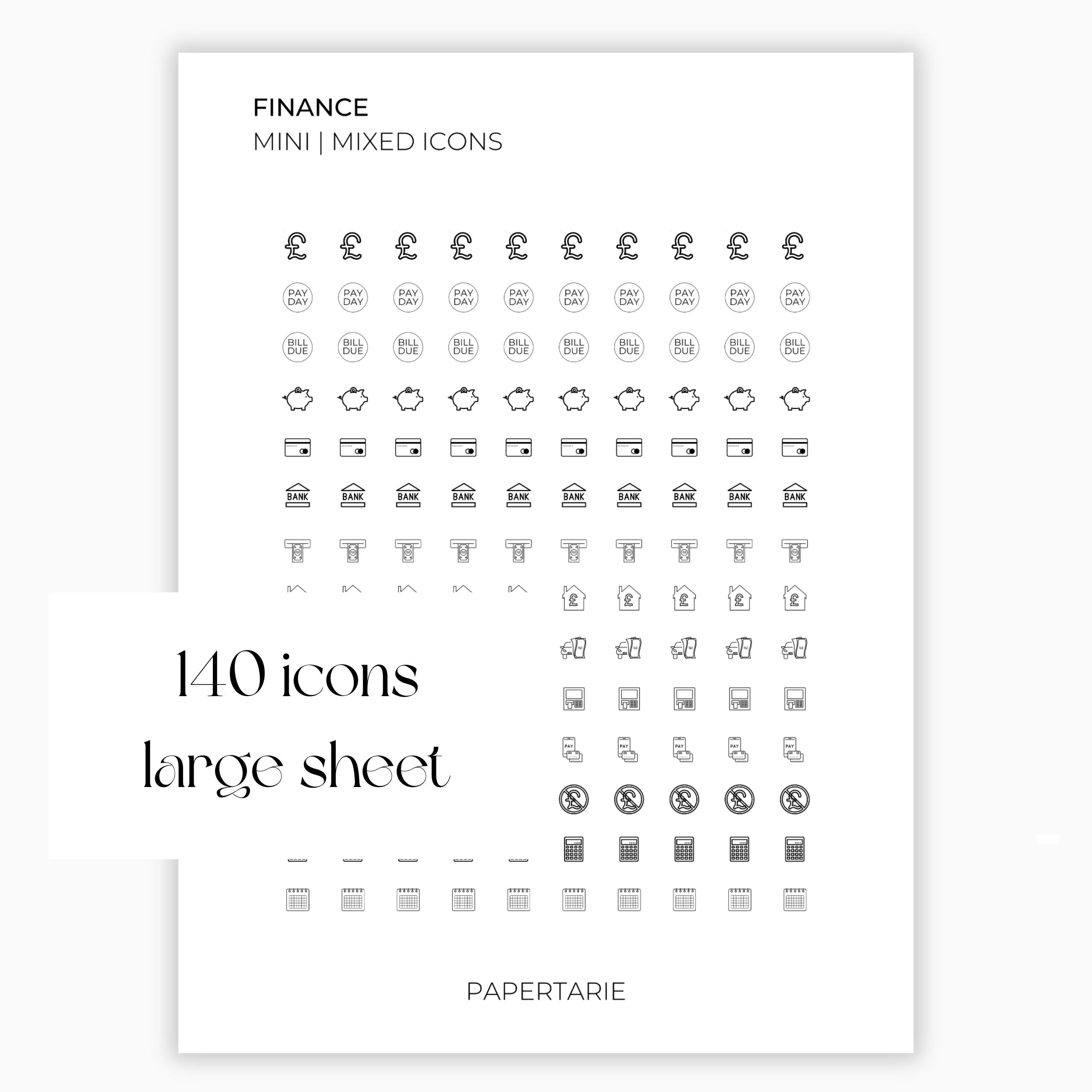 Mixed Finance Icons | Finance Stickers | Mini Icon Stickers | Transparent | Matte | Glossy | Large Size Sheet