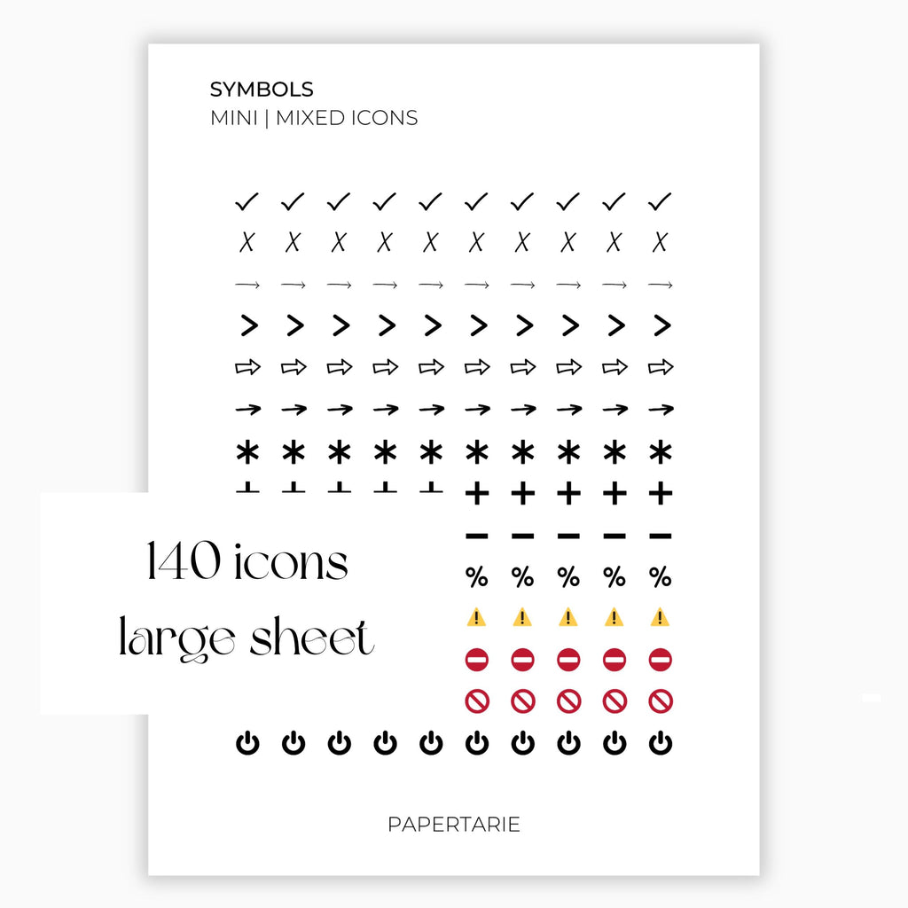 Mixed Symbol Icons | Symbol Stickers | Mini Icon Stickers | Transparent | Matte | Glossy | Large Size Sheet