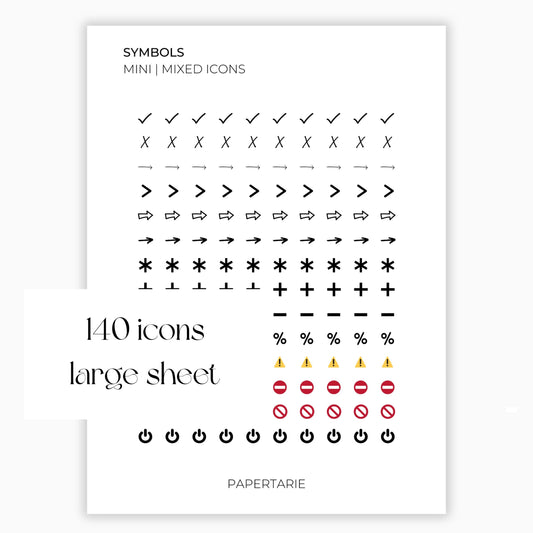 Mixed Symbol Icons | Symbol Stickers | Mini Icon Stickers | Transparent | Matte | Glossy | Large Size Sheet