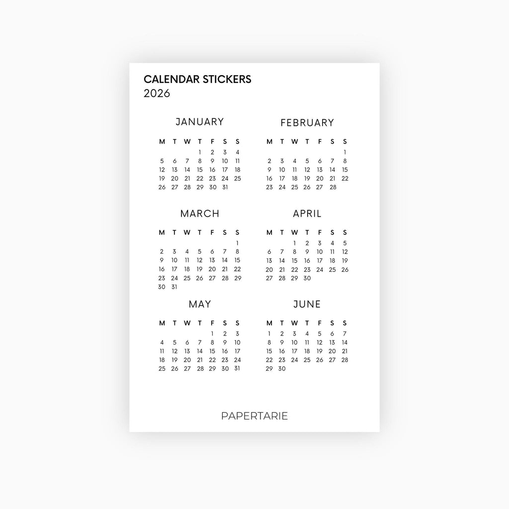 Calendar Monthly Stickers | 2026 | Functional Stickers | Premium White Paper | Standard Size | Two Sheets