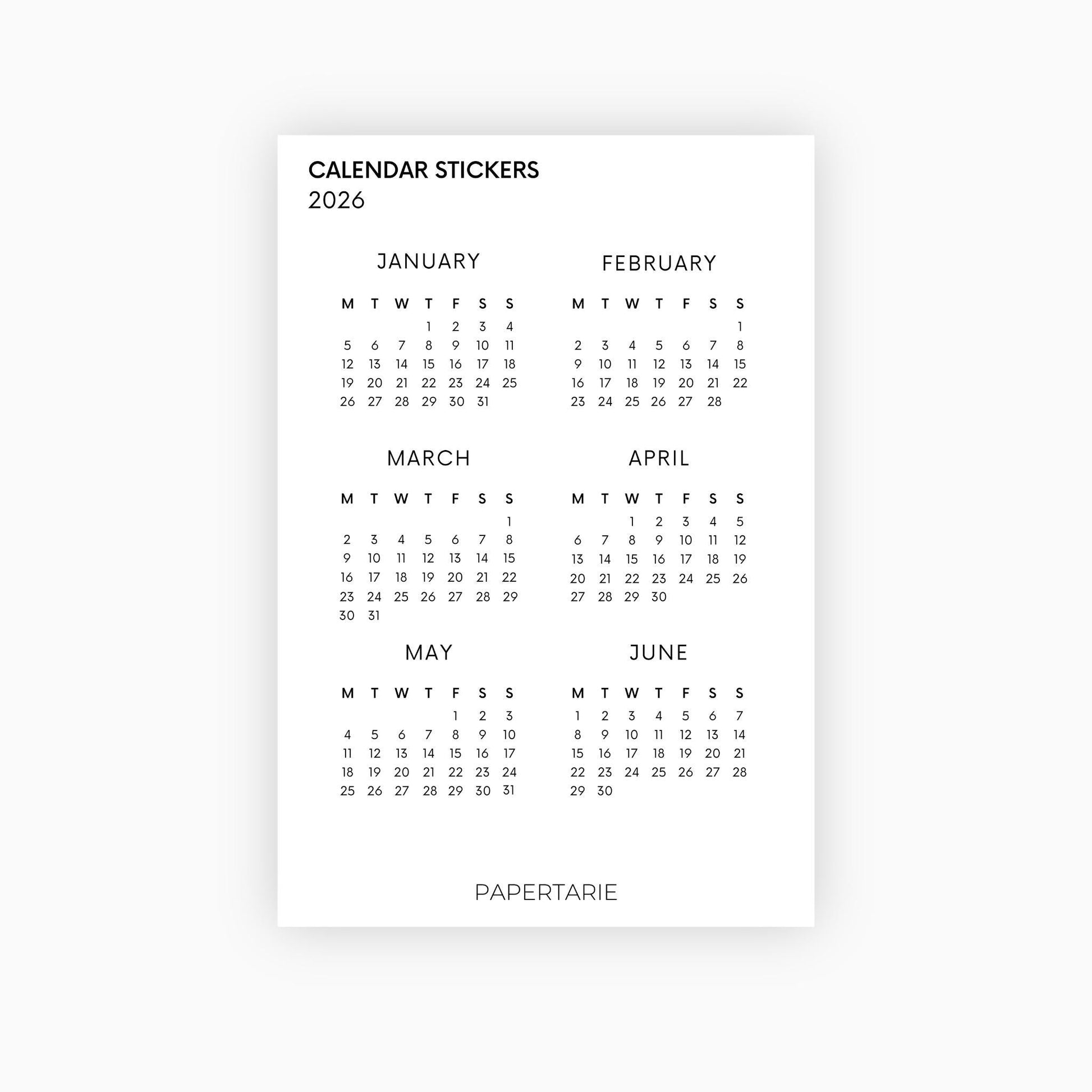 Calendar Monthly Stickers | 2026 | Functional Stickers | Premium White Paper | Standard Size | Two Sheets
