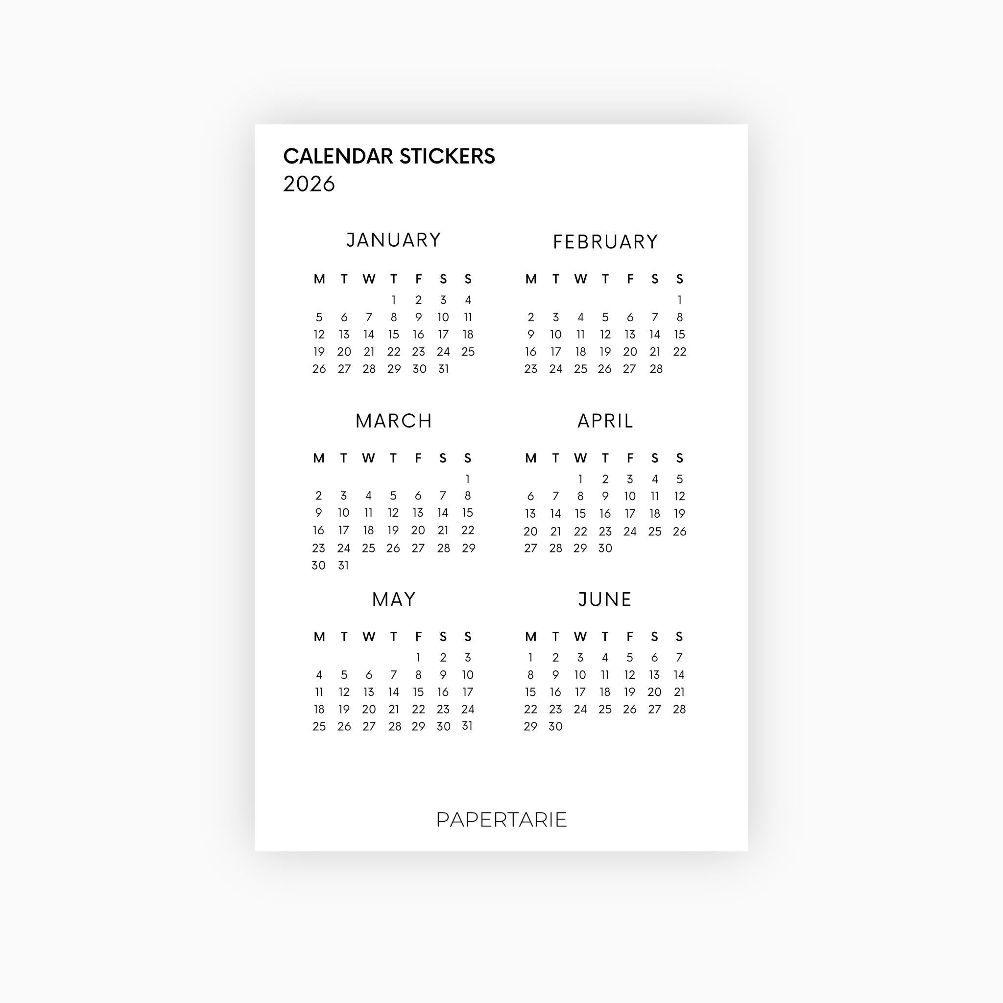Calendar Monthly Stickers | 2026 | Functional Stickers | Premium White Paper | Standard Size | Two Sheets