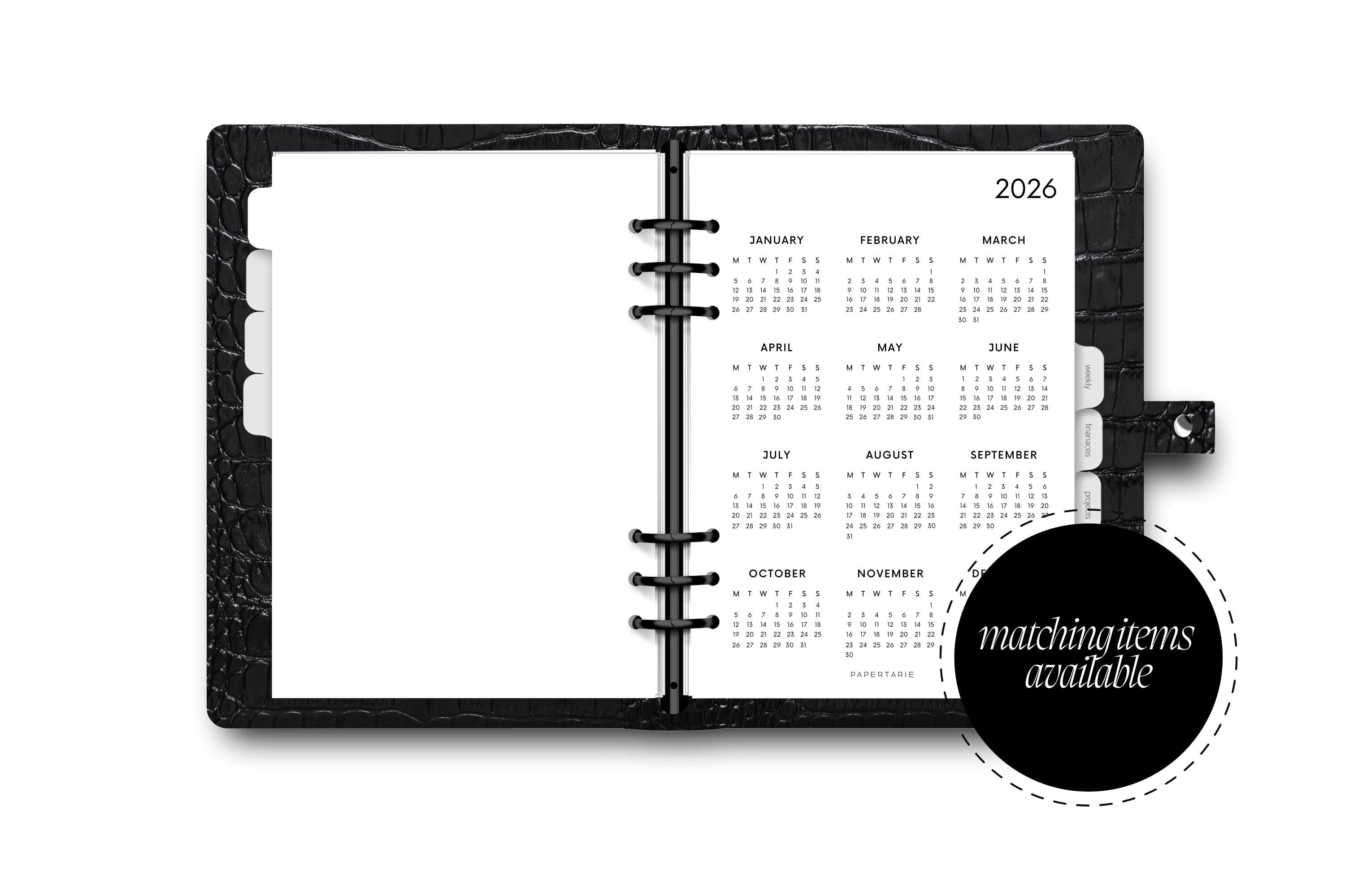 Printed | Planner Insert | 2026 Calendar 1 | Minimal | A5 | Personal | A6 Size | Two Options | Matching Items